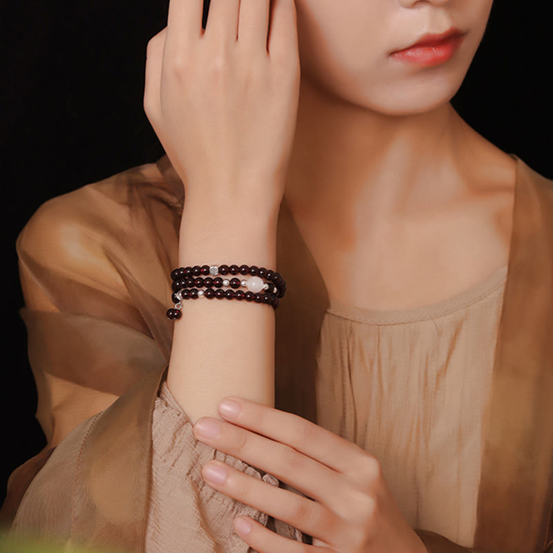 Nimara Ritual 925 Sterling Silver Natural Garnet Cat Eye Protection Triple Wrap Bracelet