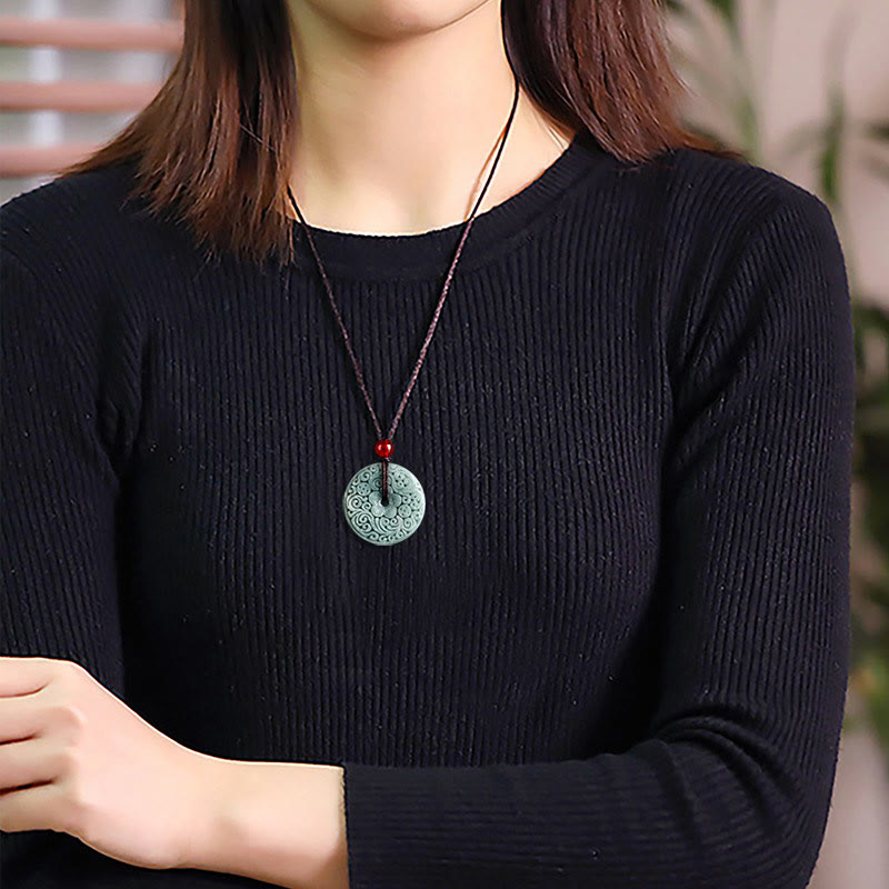 Nimara Ritual Green Jade Flower Carved Peace Buckle Abundance Necklace Pendant