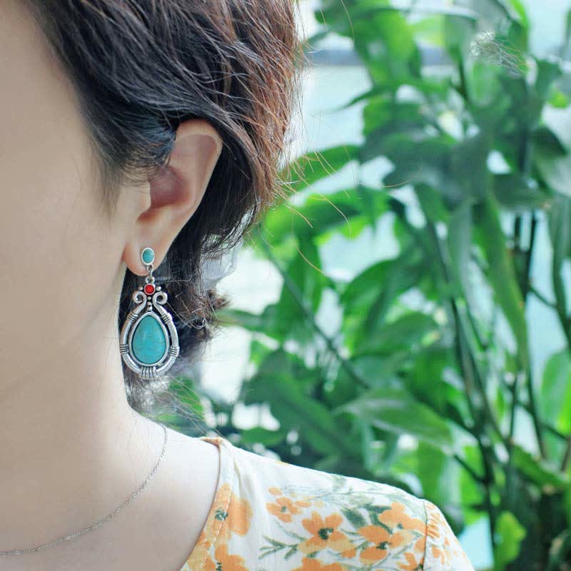 Nimara Ritual Tibet Vintage Turquoise Waterdrop Strength Drop Dangle Earrings Clips
