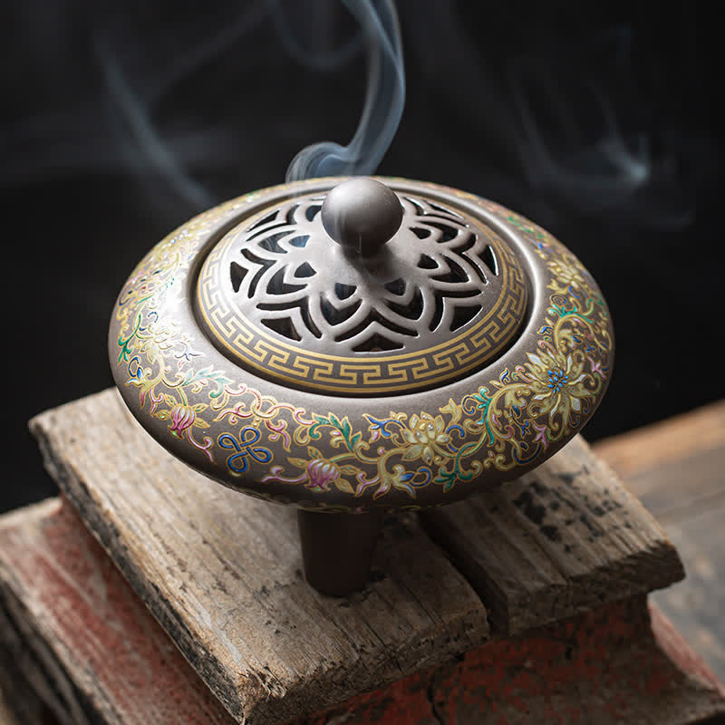 Nimara Ritual Tibetan Floral Pattern Ceramic Blessing Incense Burner Decoration