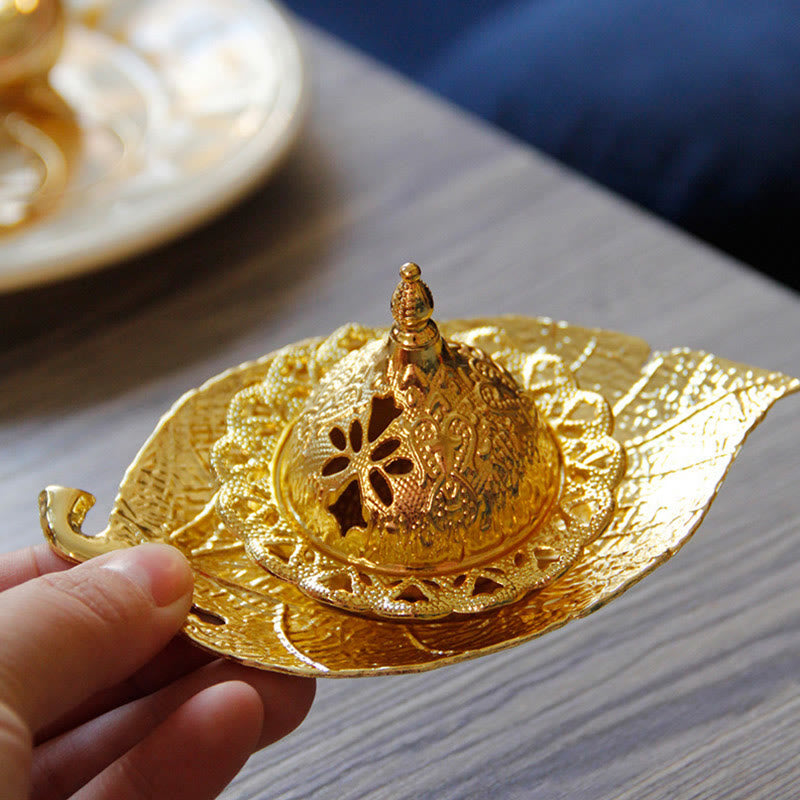 Nimara Ritual Tibetan Gold Mini Leaf Coaster Meditation Incense Burner