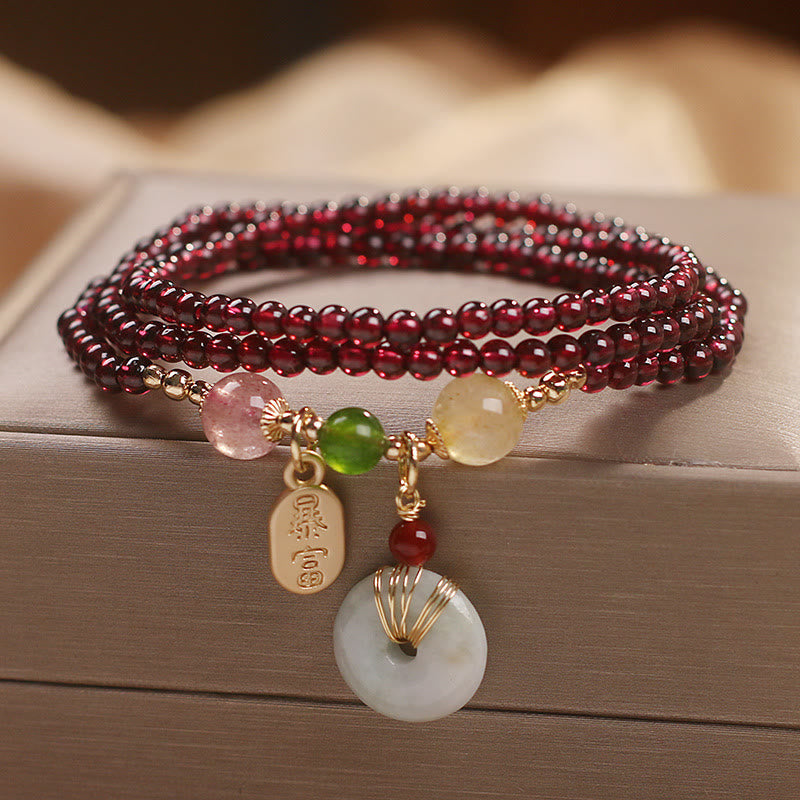 Nimara Ritual Natural Garnet Strawberry Quartz Crystal Fox Koi Fish Peace Buckle Fortune Protection Triple Wrap Bracelet
