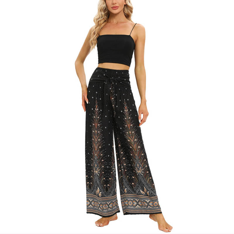 Nimara Ritual Boho Peacock Feathers Lace-up Wide Leg Pants Women's Yoga Pants