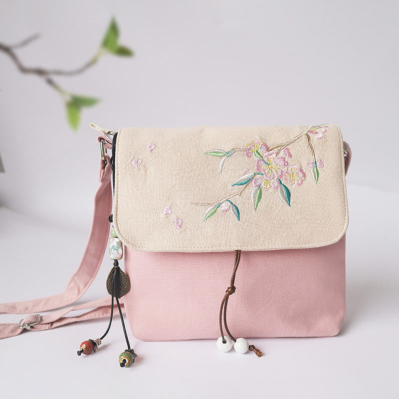 Nimara Ritual Handmade Embroidered Plum Flowers Canvas Crossbody Bag Shoulder Bag Handbag