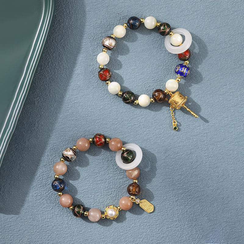 Nimara Ritual Tibetan Incense Ash Liuli Glass Tridacna Stone Sun Stone Om Mani Padme Hum Prayer Wheel Charm Bracelet