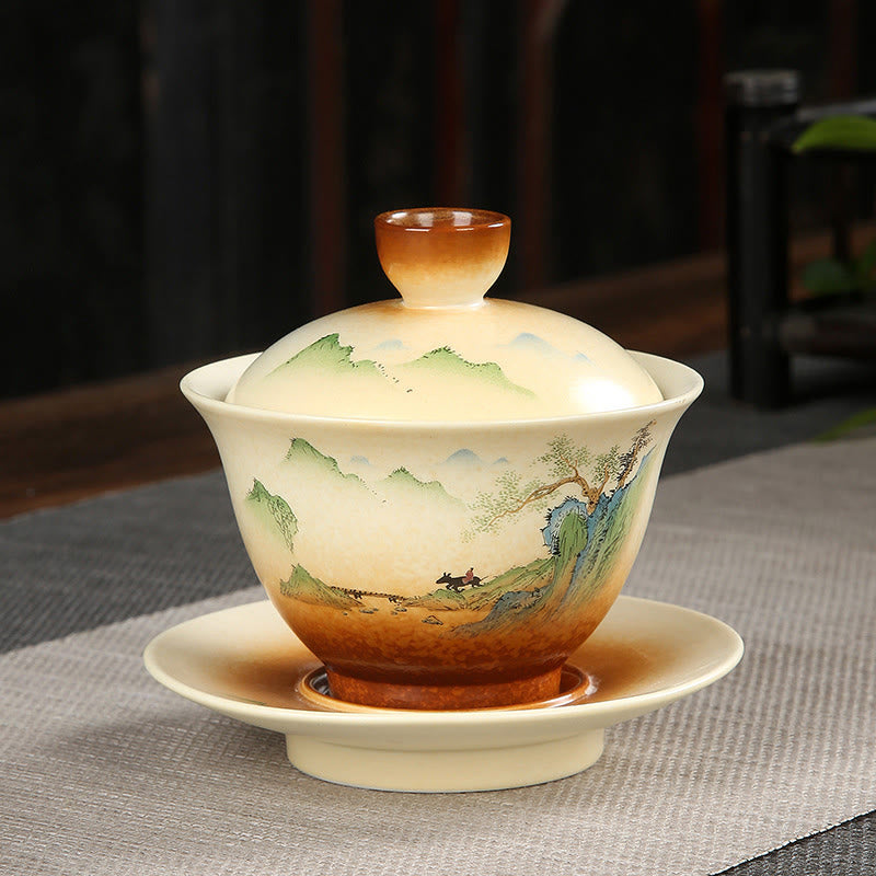 Nimara Ritual Mountain Landscape Countryside Ceramic Gaiwan Sancai Teacup Kung Fu Tea Cup And Saucer With Lid