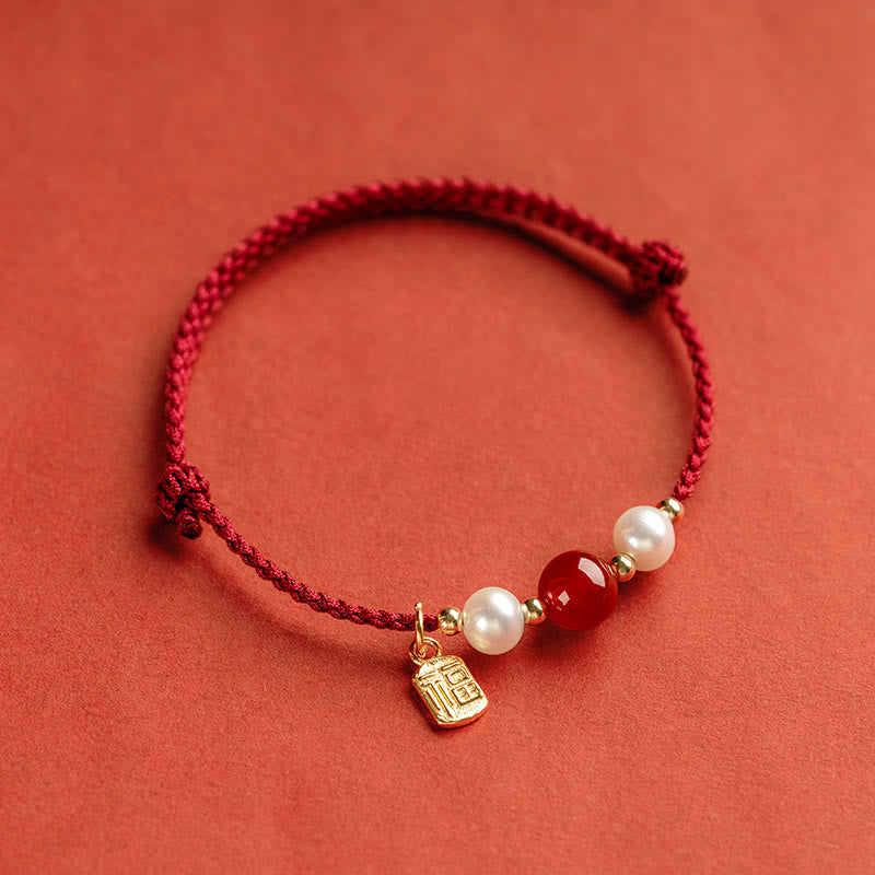 Nimara Ritual 925 Sterling Silver Good Fortune Fu Character Agate Pearl Red String Braid Bracelet