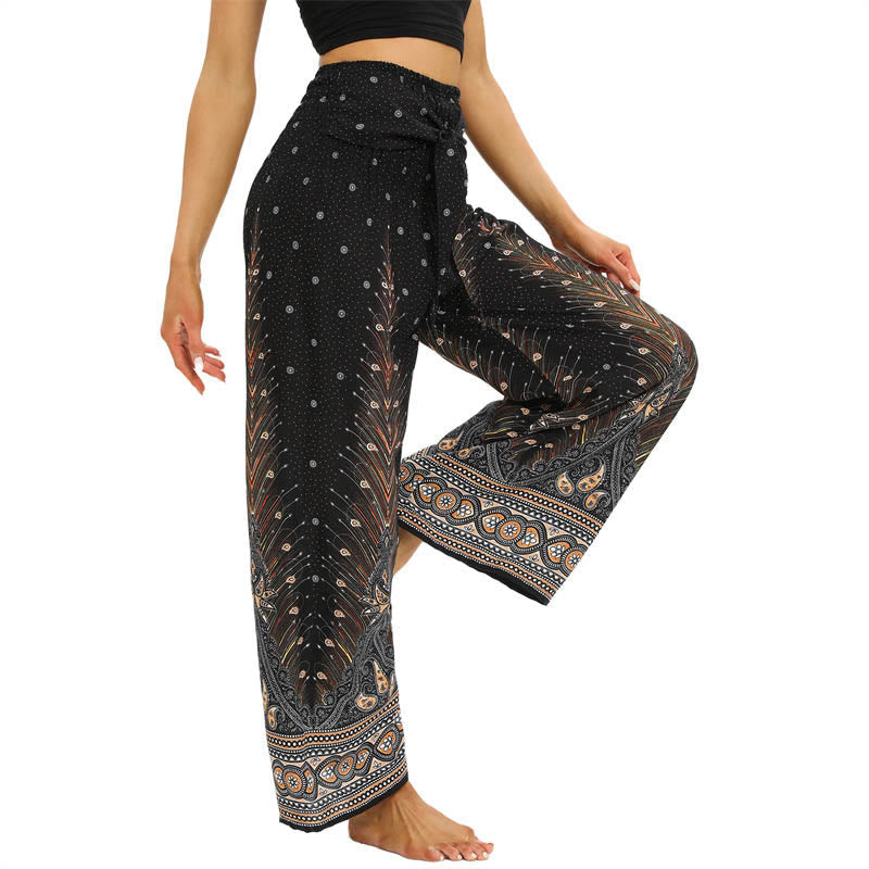 Nimara Ritual Boho Peacock Feathers Lace-up Wide Leg Pants Women's Yoga Pants