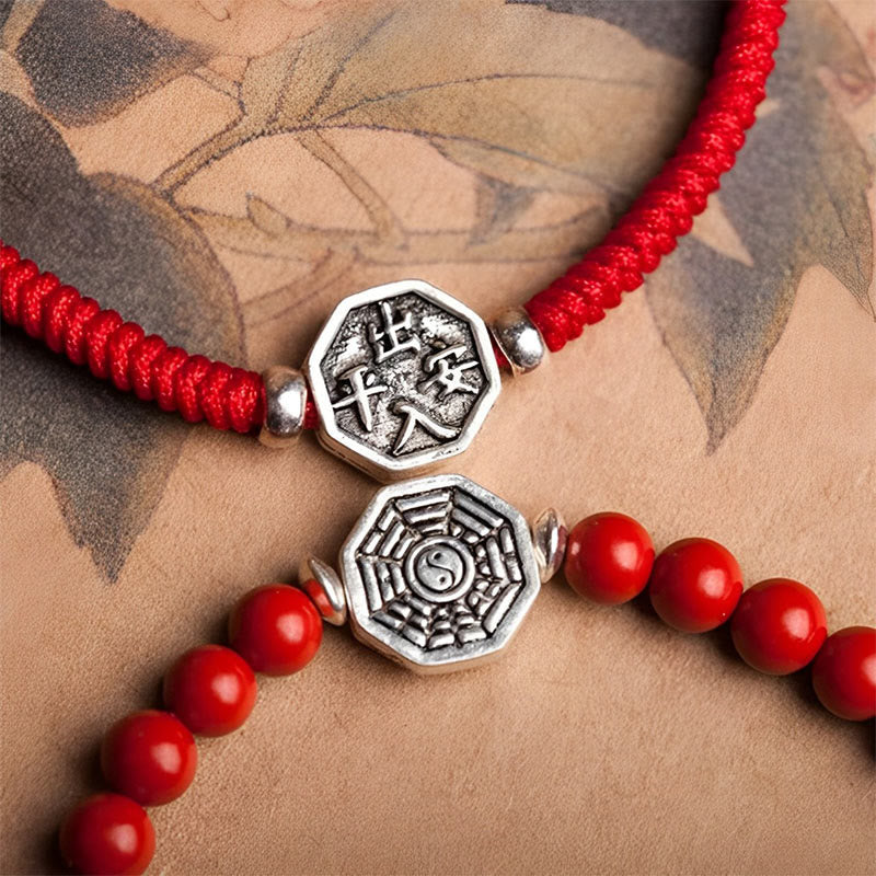 Nimara Ritual 925 Sterling Silver Yin Yang Bagua Symbol Cinnabar String Concentration Bracelet