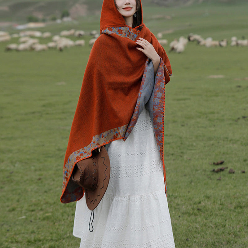 Nimara Ritual Tibetan Shawl Border Small Floral Flower Hooded Cloak Winter Cozy Travel Scarf Wrap