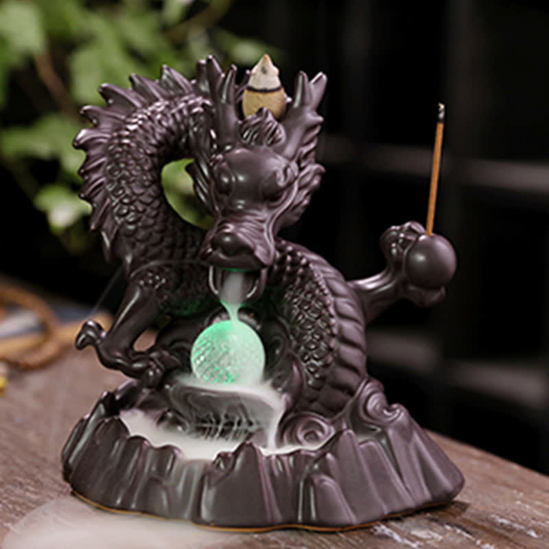 Nimara Ritual Auspicious Dragon Ceramic Backflow Smoke Fountain Meditation Healing Incense Burner Led Ball Decoration