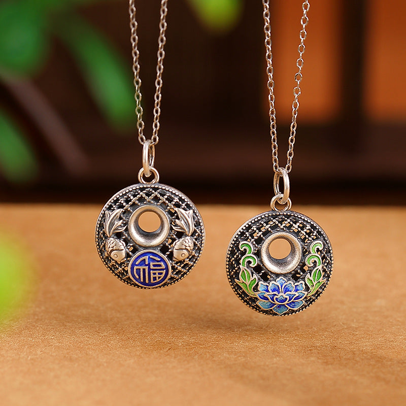 Nimara Ritual 999 Sterling Silver Koi Fish Fu Character Lotus Peace Buckle Wealth Necklace Pendant
