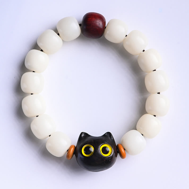 Nimara Ritual Natural Bodhi Seed Small Leaf Red Sandalwood Ebony Wood Cute Lucky Cat Wisdom Bracelet