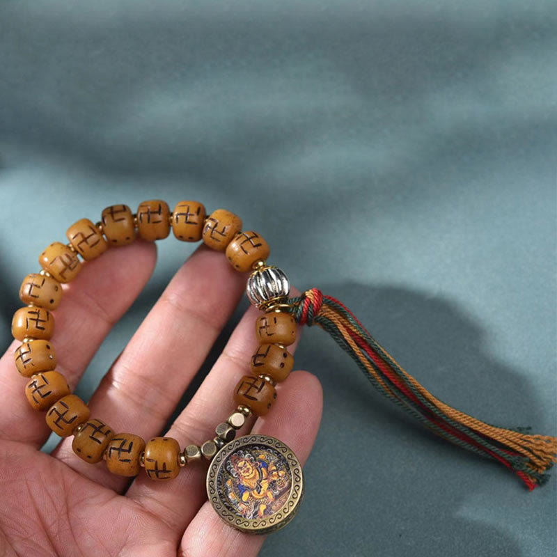 Nimara Ritual Natural Tibetan Camel Bone Swastika Dzi Bead Shankha Buddha Charm Kirtimukha Luck Protection Tassel Bracelet