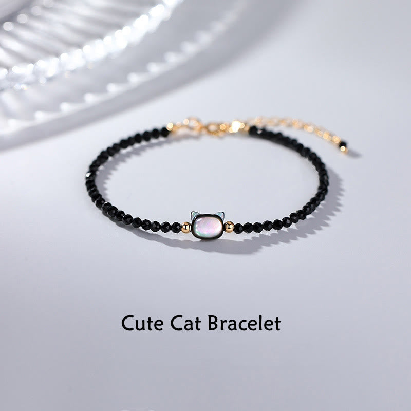 Nimara Ritual 14K Gold Plated Black Spinel White Crystal Cute Cat Tridacna Stone Healing Bracelet