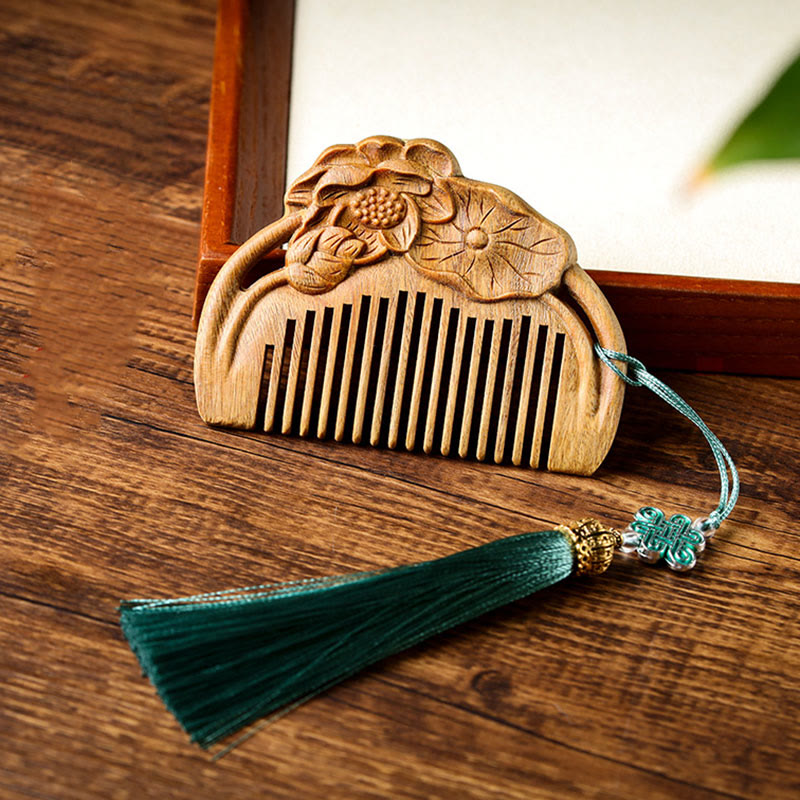 Nimara Ritual Natural Green Sandalwood Lotus Flower Leaf Engraved Soothing Comb