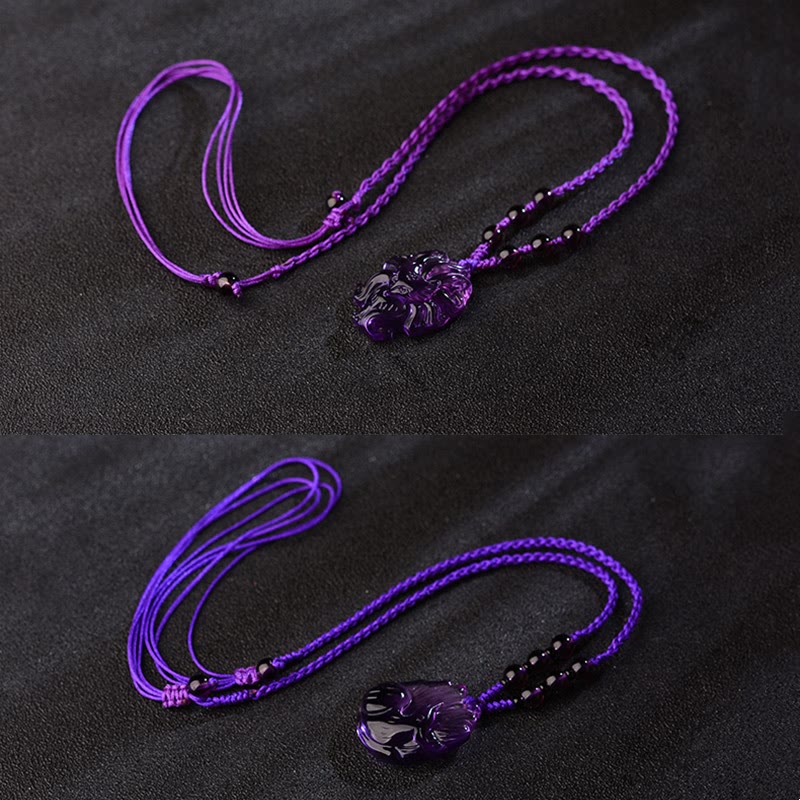 Nimara Ritual Natural Amethyst White Crystal Citrine Nine Tailed Fox Luck Necklace Pendant