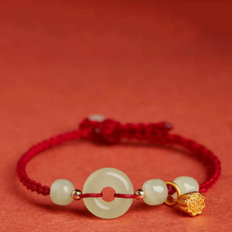 Nimara Ritual Round Peace Buckle Jade Lotus Happiness Abundance Wealth String Bracelet