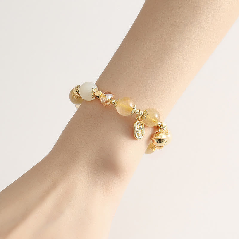 Nimara Ritual 14K Gold Plated Golden Rutilated Quartz Wealth Bell Lucky Fortune Charm Bracelet