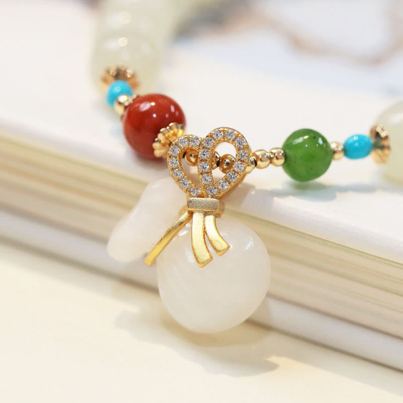 Nimara Ritual Natural Hetian White Jade 14K Gold Plated Money Bag Blessing Bracelet