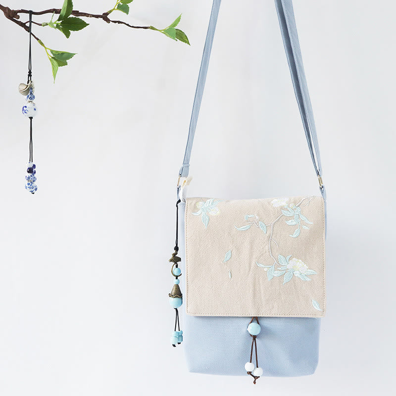 Nimara Ritual Handmade Embroidered Plum Flowers Canvas Crossbody Bag Shoulder Bag Handbag