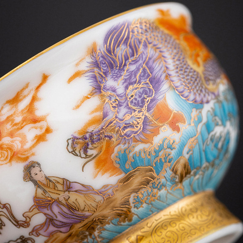Nimara Ritual Golden Eagle Auspicious Dragon Sun Ocean Waves Gilt Ceramic Teacup Kung Fu Tea Cup
