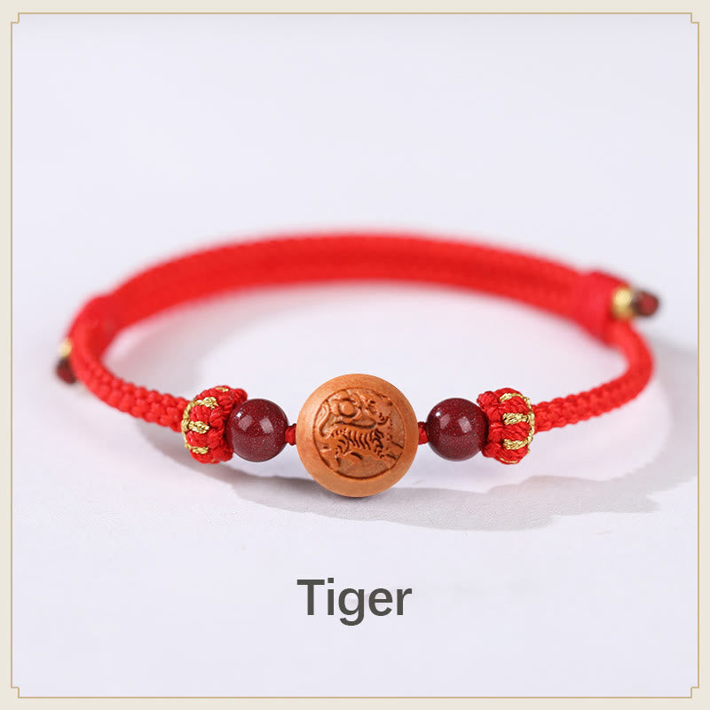 Nimara Ritual Natural Peach Wood Chinese Zodiac Fu Character Carved Cinnabar Wealth Bracelet