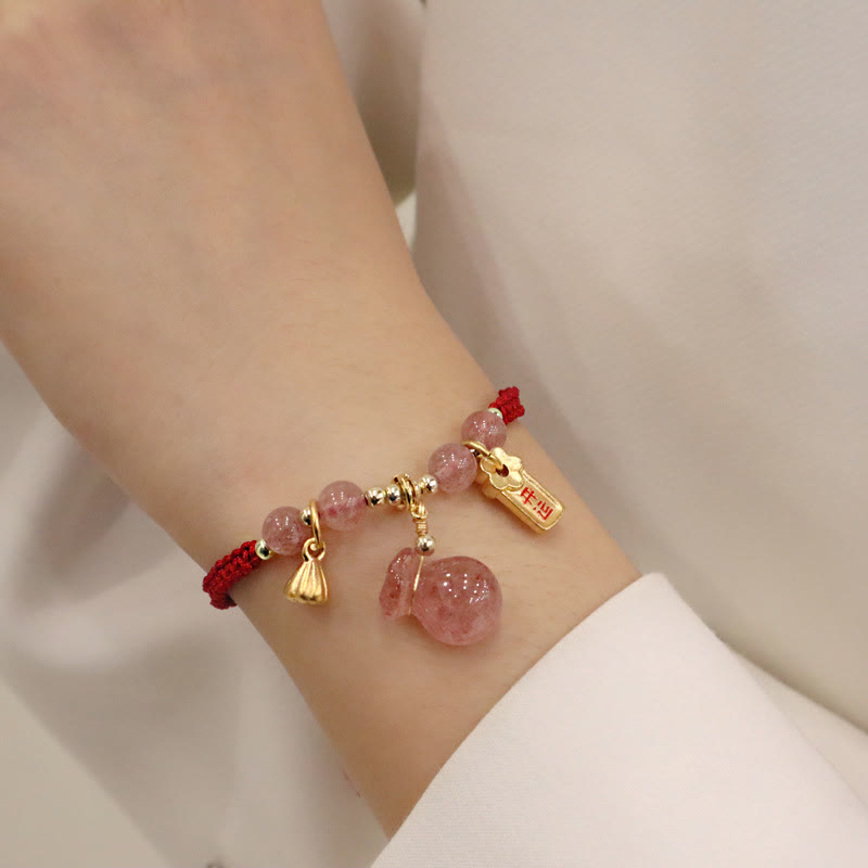 Nimara Ritual Natural Strawberry Quartz Money Bag Lotus Healing Charm Red String Braided Bracelet