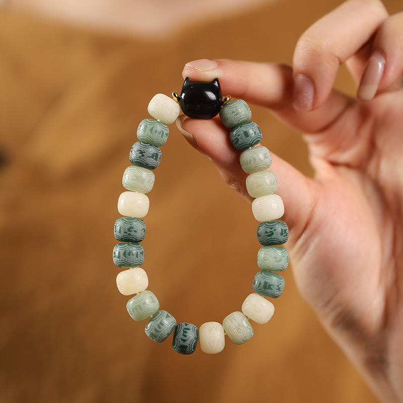 Nimara Ritual Bodhi Seed Silver Sheen Obsidian Cat Head Om Mani Padme Hum Engraved Harmony Bracelet