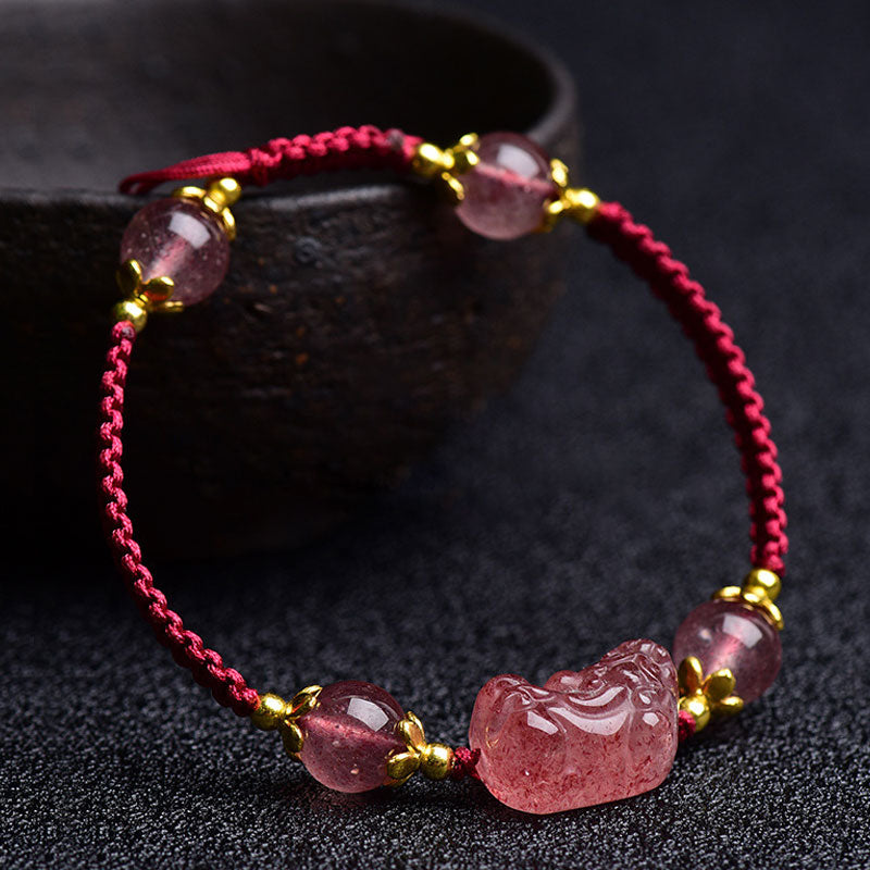 Nimara Ritual Natural Strawberry Crystal Pixiu Charm Lucky Red String Bracelet