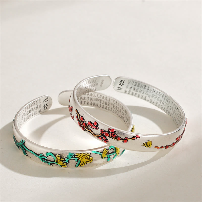Nimara Ritual Plum Blossom Chrysanthemum Flower Design Heart Sutra Healing Bracelet Cuff Bangle