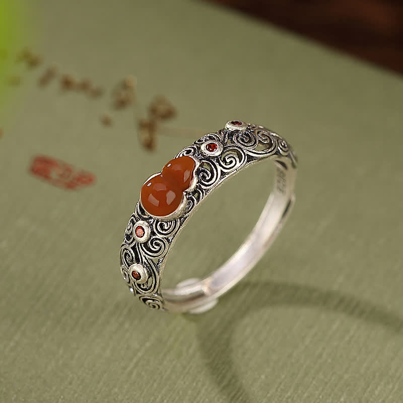 Nimara Ritual 925 Sterling Silver Red Agate Cyan Jade Gourd Blessing Auspicious Ring