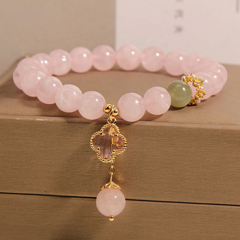 Nimara Ritual Natural Pink Crystal Four Leaf Clover Soothing Bracelet