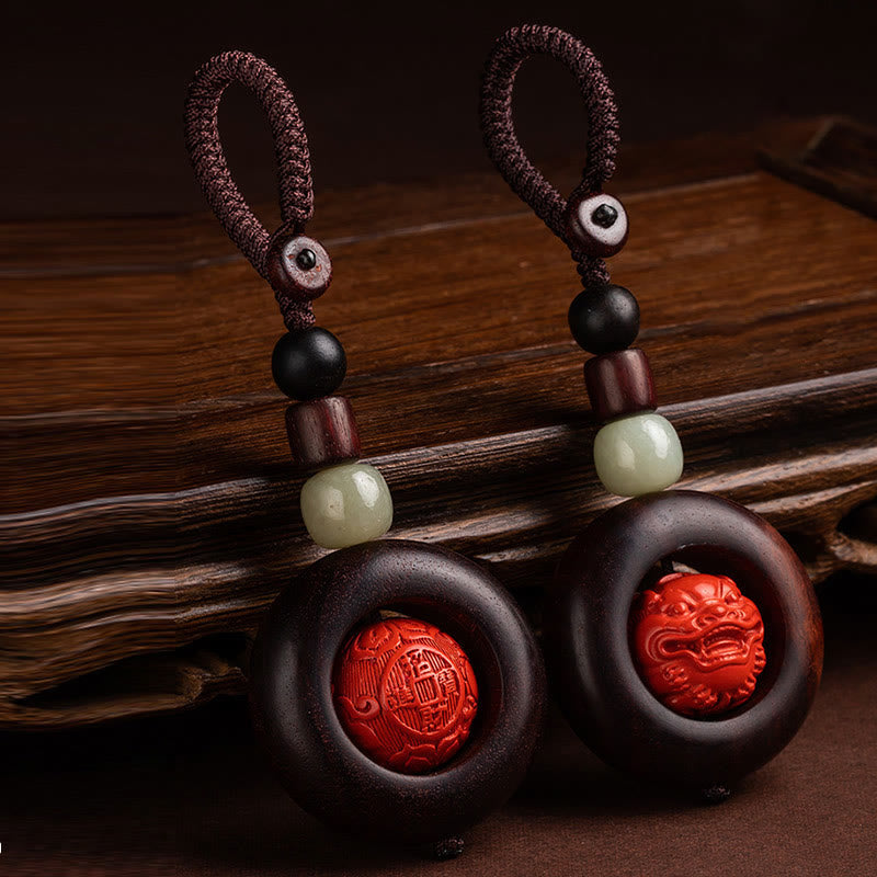 Nimara Ritual Tibet Om Mani Padme Hum PiXiu Copper Coin Small Leaf Red Sandalwood Cinnabar Protection Key Chain