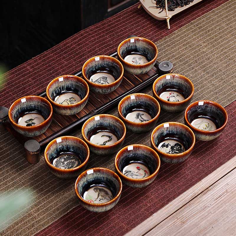 Nimara Ritual 12 Chinese Zodiac Pattern Ceramic Teacup Kung Fu Jian Chinese Zhan Tea Cup 73ml