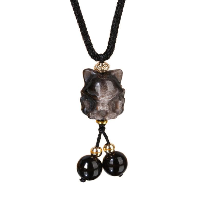Nimara Ritual Natural Silver Sheen Obsidian Nine Tailed Fox Protection Necklace Pendant