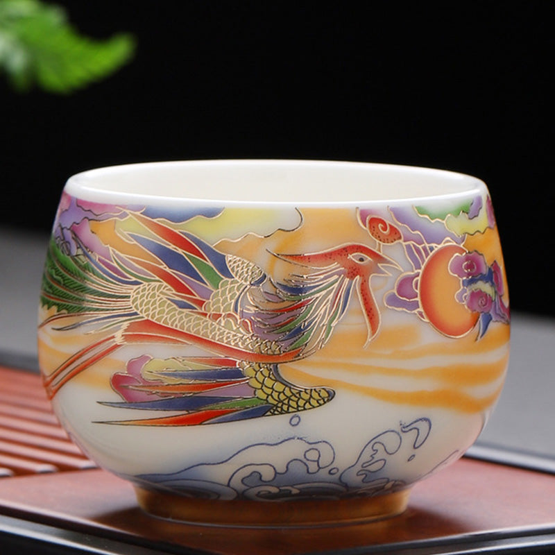 Nimara Ritual Dragon Phoenix Auspicious Clouds Sun Ocean Waves Ceramic Teacup Kung Fu Tea Cup