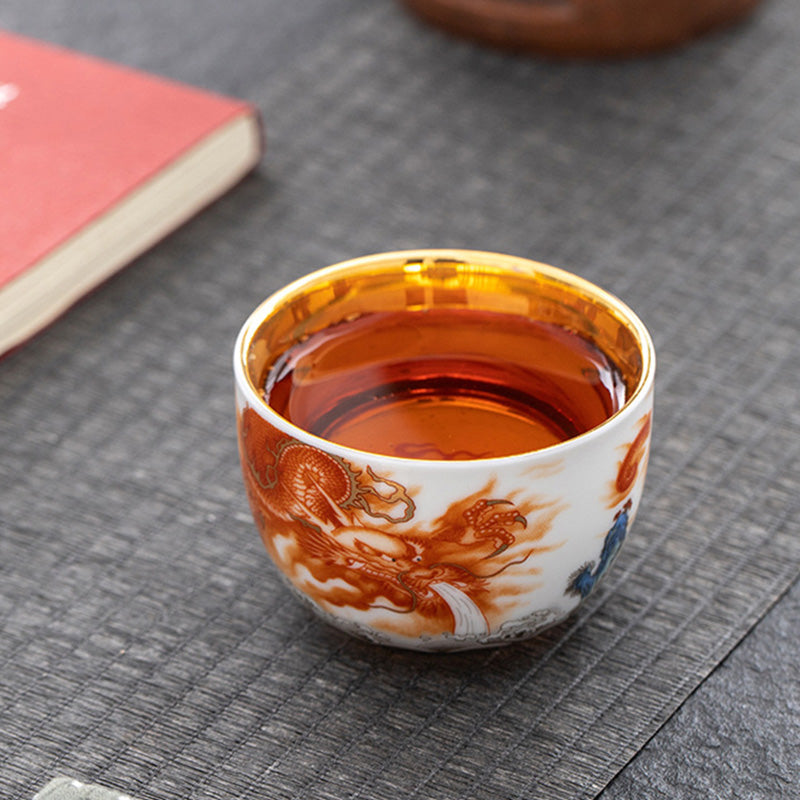 Nimara Ritual Dragon Phoenix Crane Sun Ocean Waves Gilt Ceramic Teacup Kung Fu Tea Cup 170ml