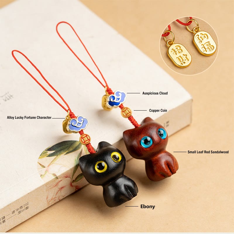 Nimara Ritual Small Leaf Red Sandalwood Ebony Wood Lucky Cat Protection Key Chain Phone Hanging Decoration