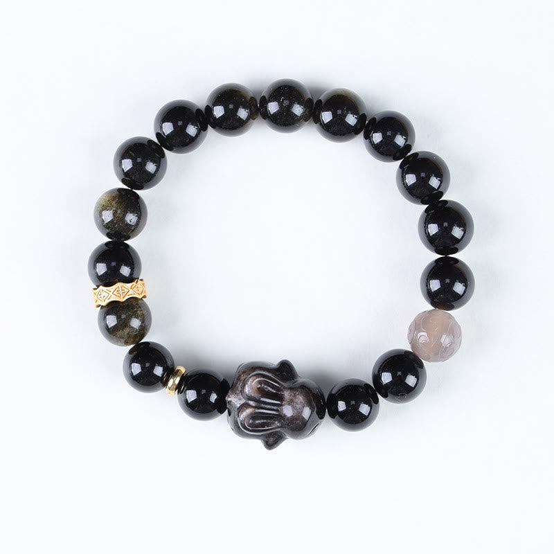Nimara Ritual Gold Sheen Obsidian Black Obsidian Silver Sheen Obsidian Cute Rabbit Protection Bracelet
