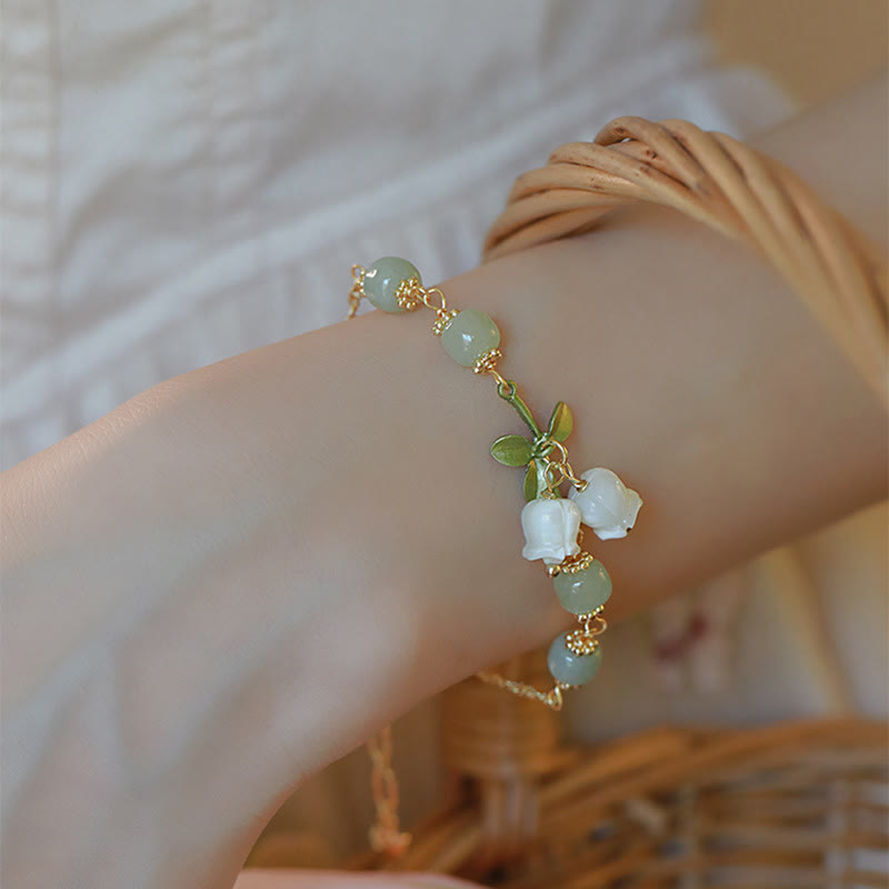 Nimara Ritual Green Jade Bead Lily of the Valley Prosperity Chain Bracelet