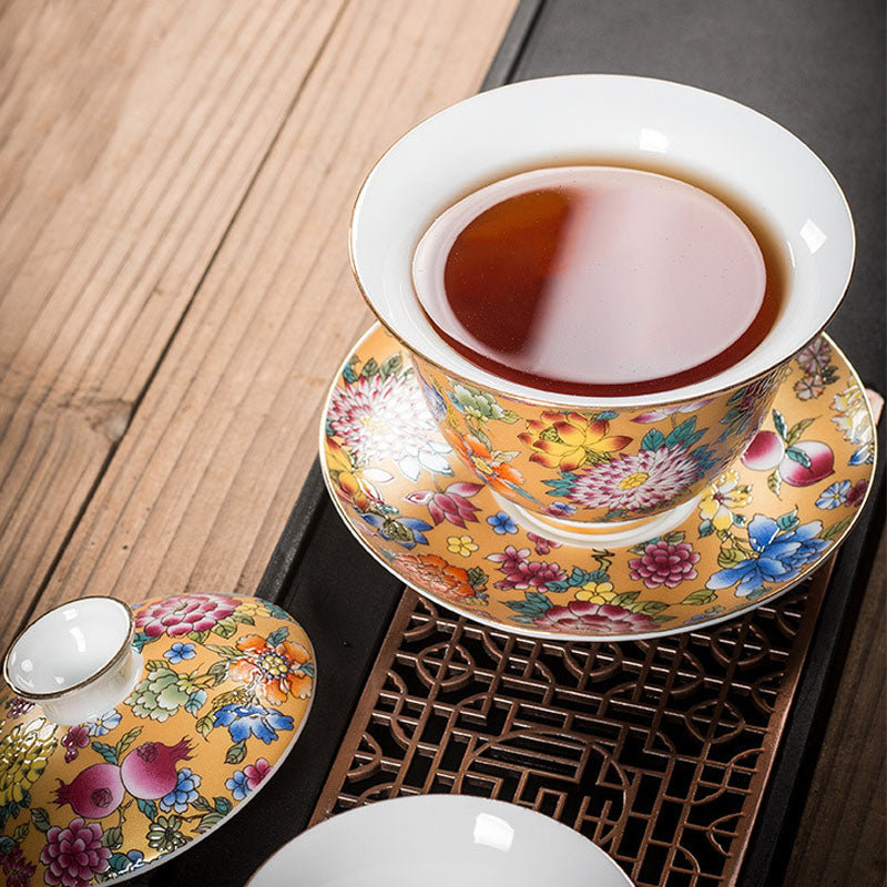 Nimara Ritual Peony Flowers Ceramic Gaiwan Sancai Teacup Kung Fu Tea Cup And Saucer With Lid