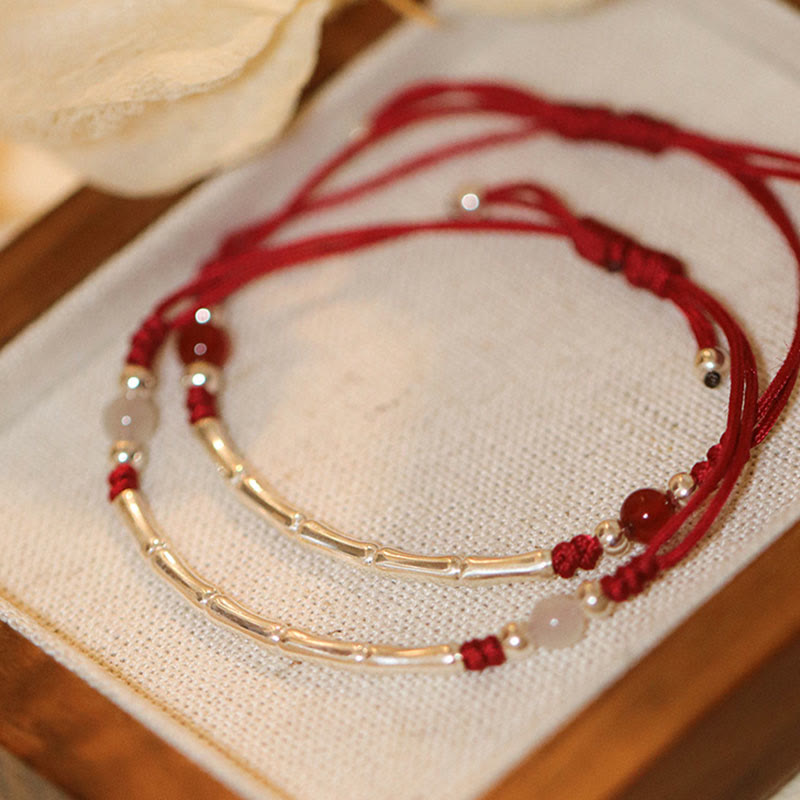 Nimara Ritual 925 Sterling Silver Bamboo White Agate Red Agate Bead Protection String Braided Bracelet
