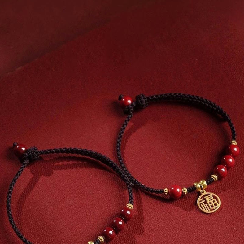 Nimara Ritual Cinnabar Bead Fu Character Charm Blessing Braided String Bracelet