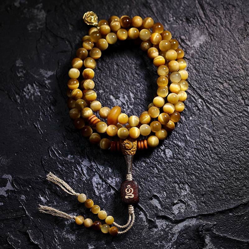 Nimara Ritual 108 Mala Beads Natural Tiger Eye Copper Dorje Protection Tassel Bracelet