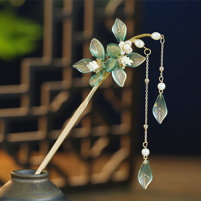 Nimara Ritual Flower Leaf Pearl Peace Tassel Hairpin
