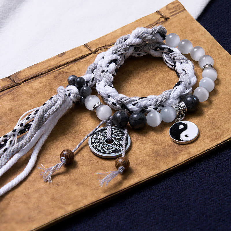 Nimara Ritual Black Glitter Stone Cat's Eye Yin Yang Mountain Ghosts Spend Money Power Double Layer Rope Bracelet