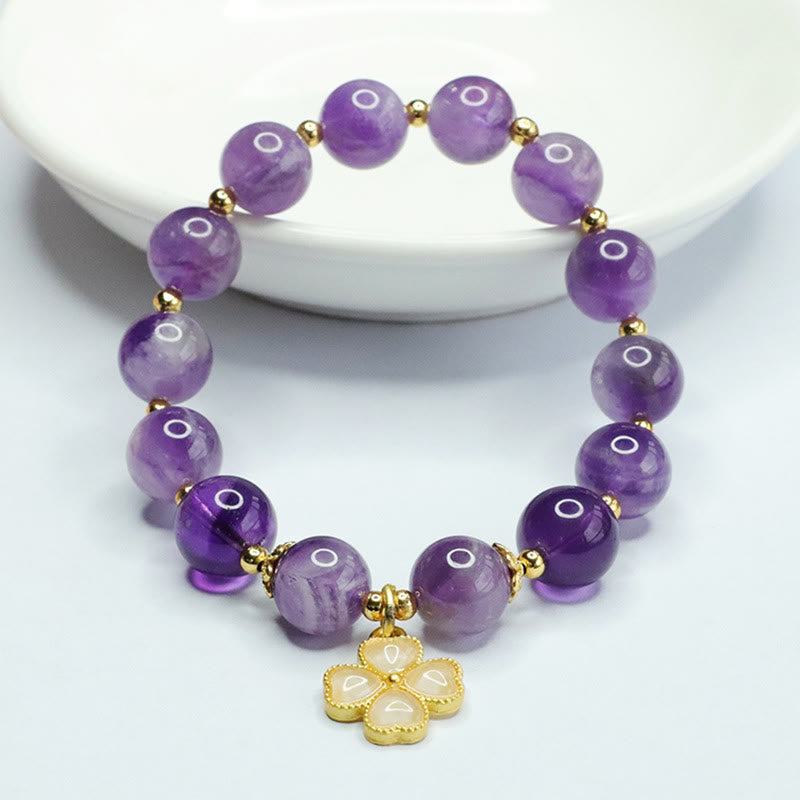 Nimara Ritual Natural Amethyst Crystal Inner Peace Four Leaf Clover Charm Bracelet