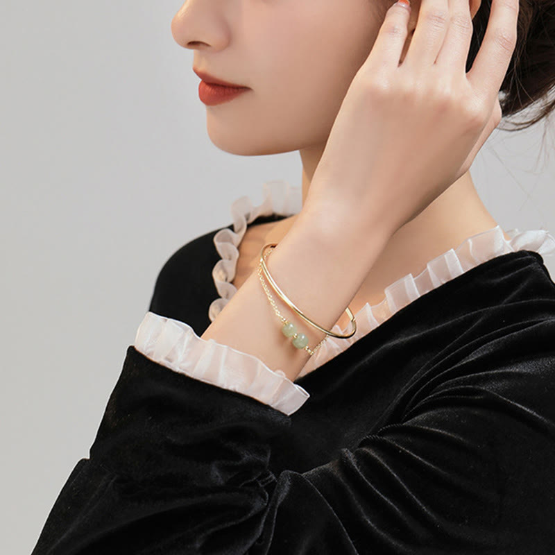 Nimara Ritual Copper Plated Gold Hetian Jade Bead Luck Double Layer Bracelet Bangle