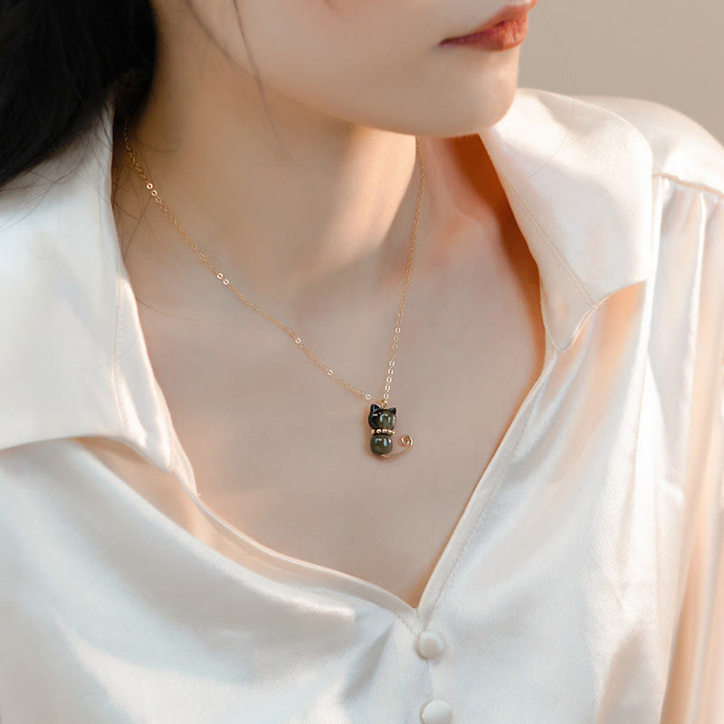 Nimara Ritual 14K Gold Plated Pearl Hetian Jade Shell Luck Cat Kitten Necklace Pendant